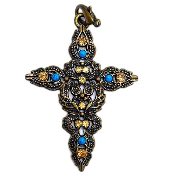 Bronze copper tone Ornate Cross Pendant with Blue turquoise Gold crystal Accents - Picture 1 of 8